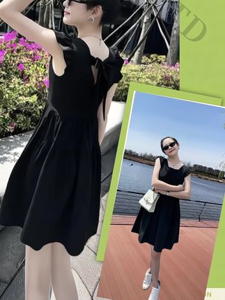 黑色小飞袖连衣裙,法式收腰显瘦,小个子A字方领短裙