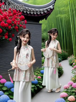 美妈们~家有女童,怎能错过这套新中式国风套装?专为夏天设计,让宝贝在炎夏也能美出天际。无袖旗袍上衣,精致盘扣勾勒古韵,传统刺绣绽放典雅风姿,选用轻薄透气面料,不闷汗,清爽自在。搭配的阔腿裤,版型宽松,行走间尽显洒脱随性与上衣呼应。 穿上它,无论是古街漫步,感受历史韵味;还是参加民俗活动,都能让宝贝瞬间成为焦点,完美演绎中式之美,将国风古韵融入日常,做个引领潮流的国潮小达人。#出游穿搭 #国风古韵 #高品质童装 #潮童必备 #复古风穿搭