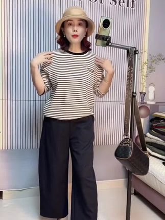 【100%纯棉】条纹圆领套头长袖针织衫早秋女士百搭宽松休闲上衣