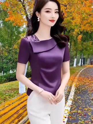 紫色短袖t恤,2025新款时尚修身显瘦,百搭休闲不规则黑色上衣