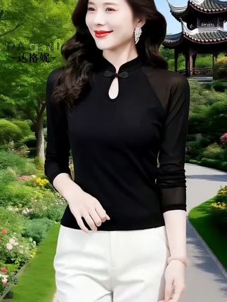 黑色蕾丝打底衫女2025秋装新款复古盘扣网纱小衫气质百搭长袖上衣#每日分享 #女装穿搭 #春秋穿搭 131313