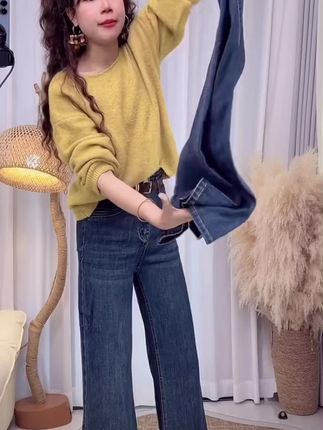 高腰蓝色牛仔裤女2025秋冬新款宽松微喇直筒外穿百搭长裤潮7943#直筒裤 #牛仔裤女 #阔腿裤