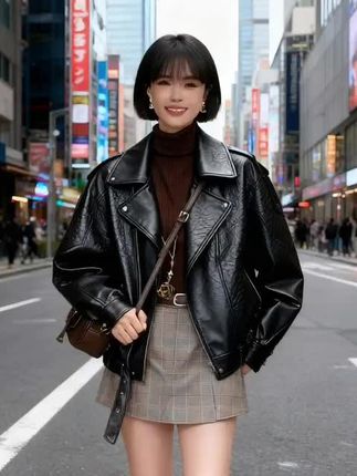 高端肌理感阔版双领机车皮衣女春秋时尚宽松显瘦#裙子 #辣妹穿搭 #穿搭分享 #辣妹穿搭大赏