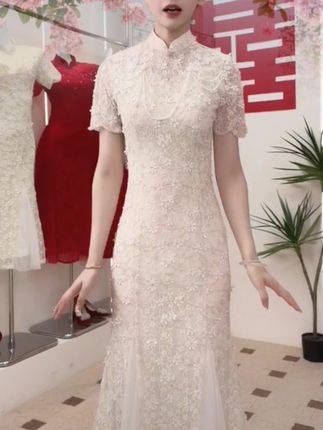 新中式旗袍改良版鱼尾裙2025新款新娘订婚礼服回门便装高级感修身#新娘订婚礼服 #新中式旗袍 #礼服裙