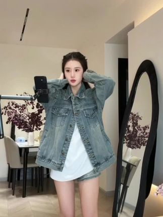 美式破洞牛仔外套女秋季新款宽松学院风痞帅情侣夹克2257#牛仔穿搭#牛仔学院风#情侣夹克#牛仔百搭外套 #牛仔控#
