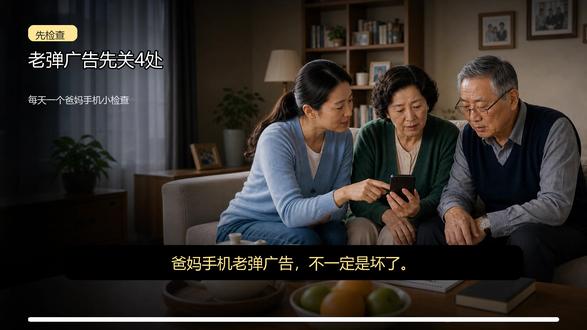 爸妈手机总弹广告,先关这4个开关 爸妈手机老弹广告,不一定是手机坏了。
先检查 4 处:通知权限、悬浮窗和后台弹出、浏览器消息、未知来源安装。看不懂的别乱点,先截图问家里人。
评论区说“广告”,下一条整理一张爸妈能照着关的检查清单。
#爸妈手机检查 #弹窗广告 #手机设置 #手机实用教程 #生活小技巧 #帮父母用手机