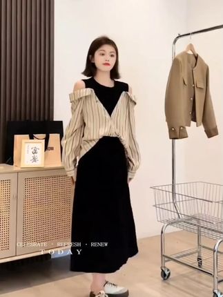 假两件长袖连衣裙女秋季设计感露肩条纹衬衫拼接小众时尚感长裙子
