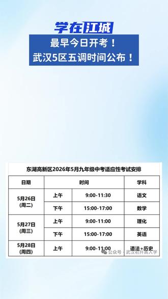 最早今日开考!武汉5区初三五调时间公布! #初三五调 #武汉升学 #武汉中考