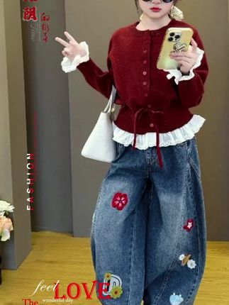 女童2025新款超好看甜美韩系抽绳花边毛衣绣花牛仔弯刀裤两件套潮#女童套装 #秋季新款穿搭 #好好爱自己❤❤