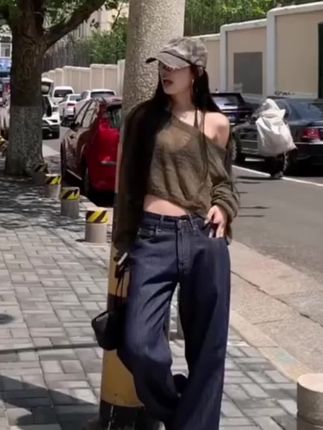 jennie同款宽松阔腿显瘦新款牛仔裤春季高腰窄版复古深蓝色直筒裤#降低查重的方法