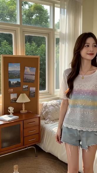 夏日爆款多巴胺彩虹条纹T恤 镂空亮片设计超吸睛韩系少女穿搭