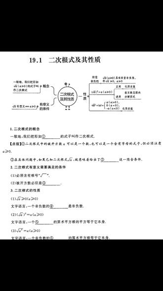 19.1知识点总结 八年级下册19.1二次根式及其性质,思维导图和知识点总结。