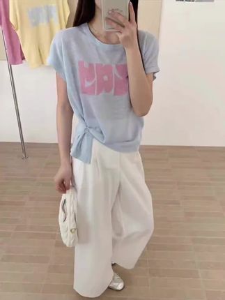 薄款冰丝针织衫女夏季新款韩版侧边一粒扣小个子竹节麻T恤设计感#短袖t恤 #谁穿谁好看 @DOU+小助手