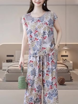 棉绸短袖套装女夏新款时尚洋气宽松居家外穿休闲七分阔腿裤两件套#夏天棉绸套装 #夏天棉绸家居服 #短袖七分裤两件套 #棉绸套装#谁穿谁好看系列 @DOU+小助手 @巨量千川