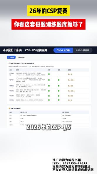 26年CSP初/复赛!你看这套母题训练系统就够了! 🎯这可能是最全面的CSP初/复赛备赛系统了
备考考级还在四处找资料、知识点零散记不住、刷题没方向?这套系统一站式解决所有备考痛点✅
📚 完整覆盖 GESP 1-8 级全考纲:从一级计算机基础、C++ 入门语法,到二级存储与网络,三级进制与位运算,再到高阶的树与搜索、动态规划、图论、组合数学,内容分级递进,零基础也能稳步进阶。
💡 每课采用「知识点精讲 + 表格速记 + 真题演练」模式,核心考点表格化梳理,易错点重点标注;配套贴合考纲的专项练习题,学完即练即时巩固,告别学了就忘的低效循环。
📋 额外整理各级考点速查表、高频 TOP 考点总结,重点难点一目了然,不用自己花时间零散梳理。
冲刺CSP-J/S初/复赛,一套系统全搞定,备考效率直接拉满🚀
@呆呆爸 #信奥集训 #CSP#GESP #小码王 #信奥赛