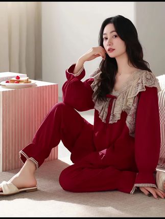 睡衣女款爆款2025新款长袖长裤纯棉套装春秋红色蕾丝本命年家居服#面料柔软舒适 #好看的睡衣套装 #爆款热卖中