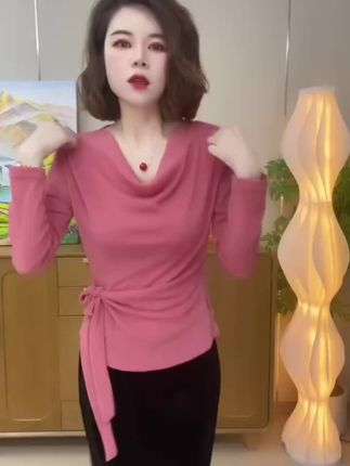 秋季爆款纯色弹力网纱修身堆堆领系带长袖时尚妈妈装打底衫#打底衫 #百搭上衣