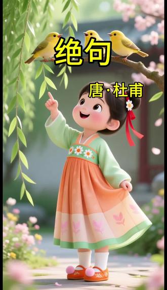 第 6 集古诗词《绝句》唐·杜甫两个黄鹂鸣翠柳一行白鹭上青天窗含西岭千秋雪门泊万里船#经典古诗词推荐 #幼儿启蒙古诗词 #趣味学古诗