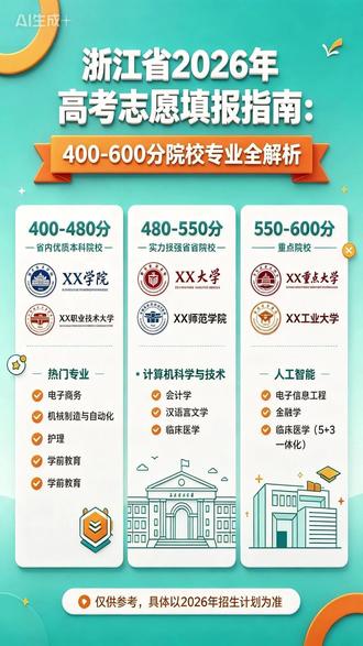 浙江2026高考400分到600分院校及专业梳理 浙江2026考生专属!400-600分段院校专业全梳理,结合80个平行志愿规则,教你平衡学校、专业与城市,精准锁定高性价比出路,绝不浪费分。#高考 #高考志愿填报 #升学规划 #浙江高考