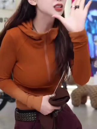 星宝定制新款连帽立领洋气正肩长袖T恤小众拉链收腰显瘦上衣1362