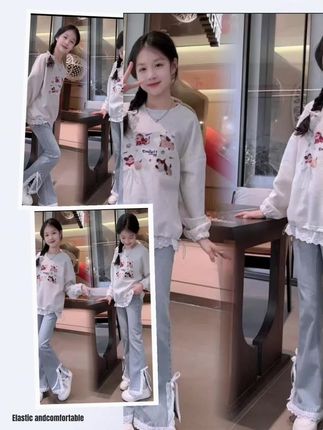 女童套装2025春秋新款时尚圆领卫衣中大童休闲牛仔喇叭裤两件套潮