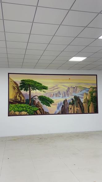 办公室画迎客松#迎客松 #重庆墙绘团队 #壁画 #墙绘艺术 #迎客松笑迎天下客