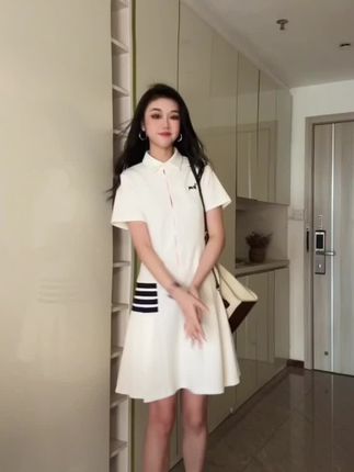 高个子夏季减龄短袖POLO百褶短裙连衣裙