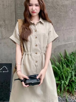 韩系休闲简约收腰连衣裙女夏季2025新款流行小个子工装风衬衫裙子