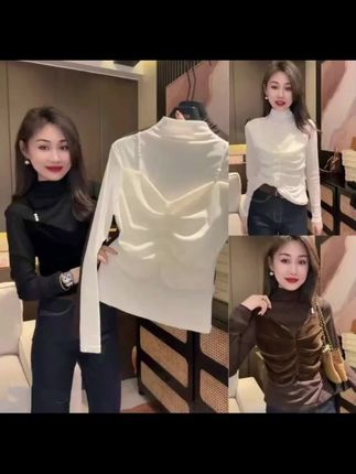 舒适静奢风法式半高领长袖女T恤秋冬半高领显瘦网红#女T恤 #上衣 #上衣穿搭