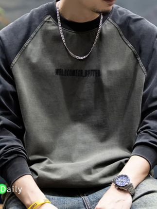 260g秋季新款美式纯棉长袖T恤男士宽松拼接刺绣打底衫休闲上衣潮#打底衫#长袖T恤#纯棉t恤 #品质男装#秋季穿搭