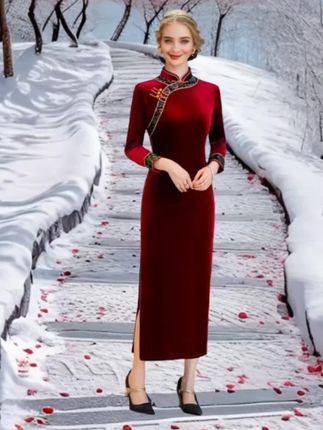 #优雅秋冬旗袍裙改良国风气质丝绒旗袍连衣裙