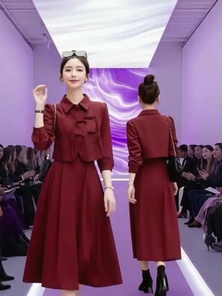 新中式连衣裙套装女2024春秋新款时尚红色显瘦订婚洋气订婚礼服女,