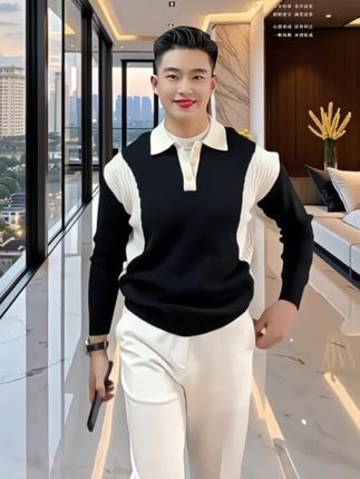 男士翻领撞色针织镂空提花针织衫毛衣纯色男士休闲长袖T恤#男士穿搭#高级感时尚打底衫
