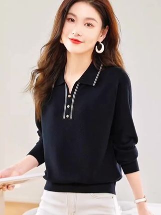 #慵懒风上衣 正品秋季新款纯色POLO领长袖针织衫时尚百搭通勤上衣
