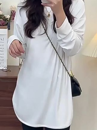 遮屁股包边圆弧下摆t恤女秋冬叠穿搭配鲨鱼裤长袖圆领休闲打底衫