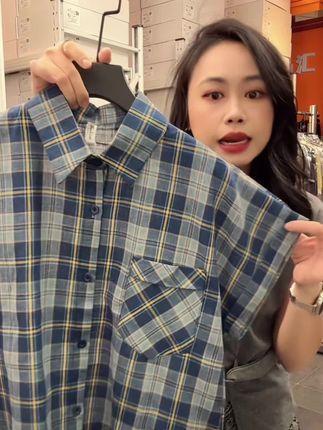 爆款港风复古蓝色格子polo领衬衫女夏季减龄上衣显瘦8073