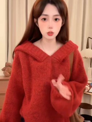 韩系红色毛衣女秋冬新款慵懒风长袖外穿秋冬宽松加厚连帽针织上衣#连帽毛衣#针织毛衣#时尚百搭@DOU+好生意