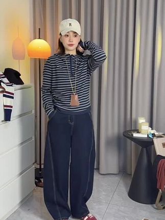 欧货春秋新款290克厚款韩系条纹字母连帽T恤女长袖百搭半拉链上衣#长袖 #百搭 #上衣 #T恤 #女装