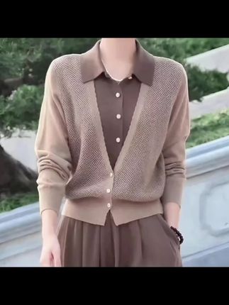 假两件开衫翻领长袖针织衫女春秋新款宽松显瘦上衣高腰垂感半身裙 #半身裙