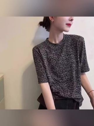 休闲中袖豹纹T恤衫女秋季新款2025时尚复古气质百搭显瘦圆领上衣@DOU+小助手 @抖音小助手 @电商小助手 @抖音创作小助手