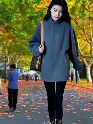 #这个冬天会冷吗 拉夏贝尔灰色立领卫衣秋季新款时尚洋气美式复古中长款打底上衣#洋气减龄#时尚感穿搭 #秋季新款
