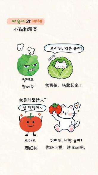 🥬 韩语初级小剧场:蔬菜们的悄悄话
1⃣ 单词先看
양배추:卷心菜
무섭다:害怕
얼른:赶快
숨다:躲藏
토마토:番茄
난= 나는
멋쟁이:时髦的人 / 帅家伙
귀엽다:可爱
나랑:和我(나 + 랑 = 和我)
놀다:玩
2⃣ 第一句:무서워, 얼른 숨자.
🧠 语法点 ① ~어 / ~아 / ~여 (陈述句结尾)
무서워 = 害怕
来自 무섭다(害怕)
形容词“-ㅂ“特殊规则:
ㅂ 结尾的形容词 → 去掉 ㅂ + 우 + 어
무섭다 → 무서 + 워 → 무서워
👉 意思:“(我)害怕”
💡 韩语中经常省略主语“我”,从语气就能知道是“我害怕”。
🧠 语法点 ② ~(으)자 (提议一起做某事)
숨자 = 躲吧 / 我们一起躲
来自 숨다(躲)
规则:
动词去掉 다
收音没有或只有 ㄹ → + 자
숨다 → 숨 + 자 → 숨자
👉 意思:“我们一起躲吧”
💡 ~(으)자 是朋友之间说“一起做……吧”的时候用的。
例句:
가자 (走吧)
먹자 (吃吧)
숨자 (躲起来吧)
✅ 整句意思:
好害怕,我们快躲起来吧!
3⃣ 난 멋쟁이. 귀여워, 나랑 놀자!
🧠 语法点 ③ 난 = 나는
난 = 나는 的缩写
나 = 我
는 = 主题标记(强调“我嘛……”)
👉 난 멋쟁이 = 我(可是)时髦的人 / 我很帅
🧠 语法点 ④ 귀여워 (可爱)
来自 귀엽다(可爱)
规则和 무서워 一样:
귀엽다 → 귀여 + 워 → 귀여워
👉 意思:“可爱”
这里可以理解为:“你真可爱”
🧠 语法点 ⑤ 랑 (和……一起)
나랑 놀자 = 和我一起玩吧!
나랑 = 和我(나 + 랑 = 和我)
랑 / 이랑 是口语中常用的“和……一起”
💡 对比:
하고 也可以表示“和”,比如 나하고 놀자
랑 更可爱、更口语化,适合轻松场合
✅ 整句意思:
我可是很帅的!(我好可爱哦~)和我一起玩吧!
🍅 番茄一点儿都不怕,还想拉卷心菜一起玩,反差萌!
💬 对你说的话
这节课虽然短,但包含了:
✅ 形容词变感叹句(무서워 / 귀여워)
✅ 提议一起做某事的语法(~자)
✅ 口语中常见的缩写(난)
✅ 可爱的“和我一起”(나랑)
蔬菜们的性格也很分明:
양배추 胆小谨慎 🥬
토마토 自信活泼 🍅
#韩语 #韩语教学 #韩语口语 #谐音梗#发音