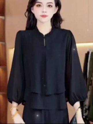 气质女士上衣宽松百搭遮肉显瘦黑色系双层雪纺衫小衫#vlog日常