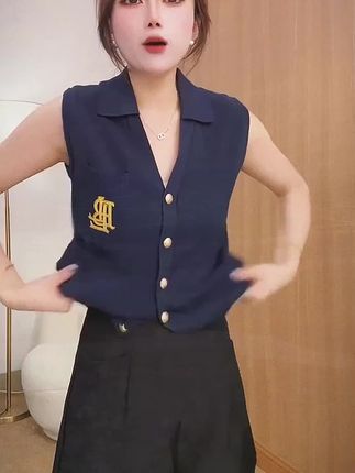 2025夏季韩系慵懒风V领无袖字母刺绣高级感修身透气针织开衫
