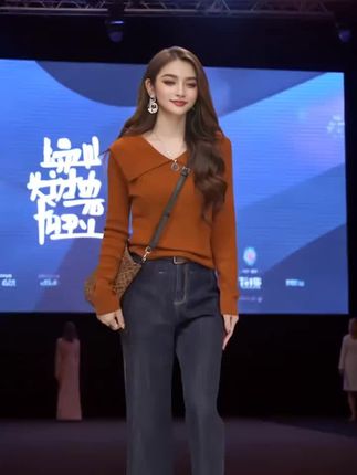 韩系高级感穿搭套装娃娃领设计感绝美针织衫阔腿牛仔裤减龄两件套#优雅气质 #穿出高级感 #气质范 #时髦穿搭