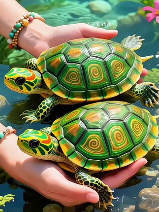 深水黄耳龟:水族箱里的“金斑游泳健将”   它是深水缸里的灵动访客,墨绿背甲缀着明黄斑点,像撒了把碎金,腹甲泛着奶白光泽,黄色耳斑在脸颊格外醒目,游动时四肢如船桨般舒展,尾巴轻摆间划出优雅水痕。   不挑环境却爱“折腾”,常趴在沉木上晒背,也会追着小鱼灵活转身,偶尔把头探出水面吐泡泡,憨态里藏着活泼。养在有水草、躲避洞的深缸里,看它从缸底游到水面,明黄斑点在绿水中像移动的小太阳,为水族箱添了份鲜活的生命力。#宠物龟#深水黄耳龟#乌龟 #观赏龟 #养龟