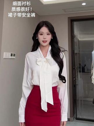 iqcq气球熊纯欲系带黑色缎面衬衫气质蝴蝶结上衣高腰修身包臀
