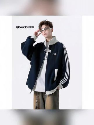 美式三条杠棒球服男春秋季重磅潮牌条纹运动夹克青少年拼接外套#棒球服外套 #夹克外套 #潮牌男女同款