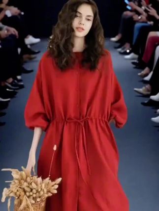 RUAN YIN小禾新年红色复古圆领细带亚麻开衫外搭秋季棉麻连衣裙女#爱了爱了 我的菜
