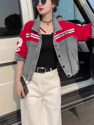高含棉时尚拼接牛仔短外套女2025年春秋新款宽松休闲百搭夹克上衣#韩版宽松外套 #韩版外套#爱衣服